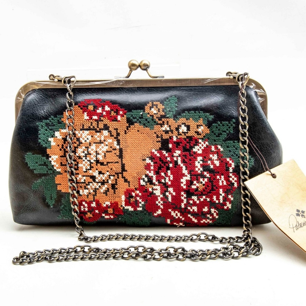 Floral Embroidered Tapestry / Cross stitch Black Clutch - Patricia Nash Pontenaz